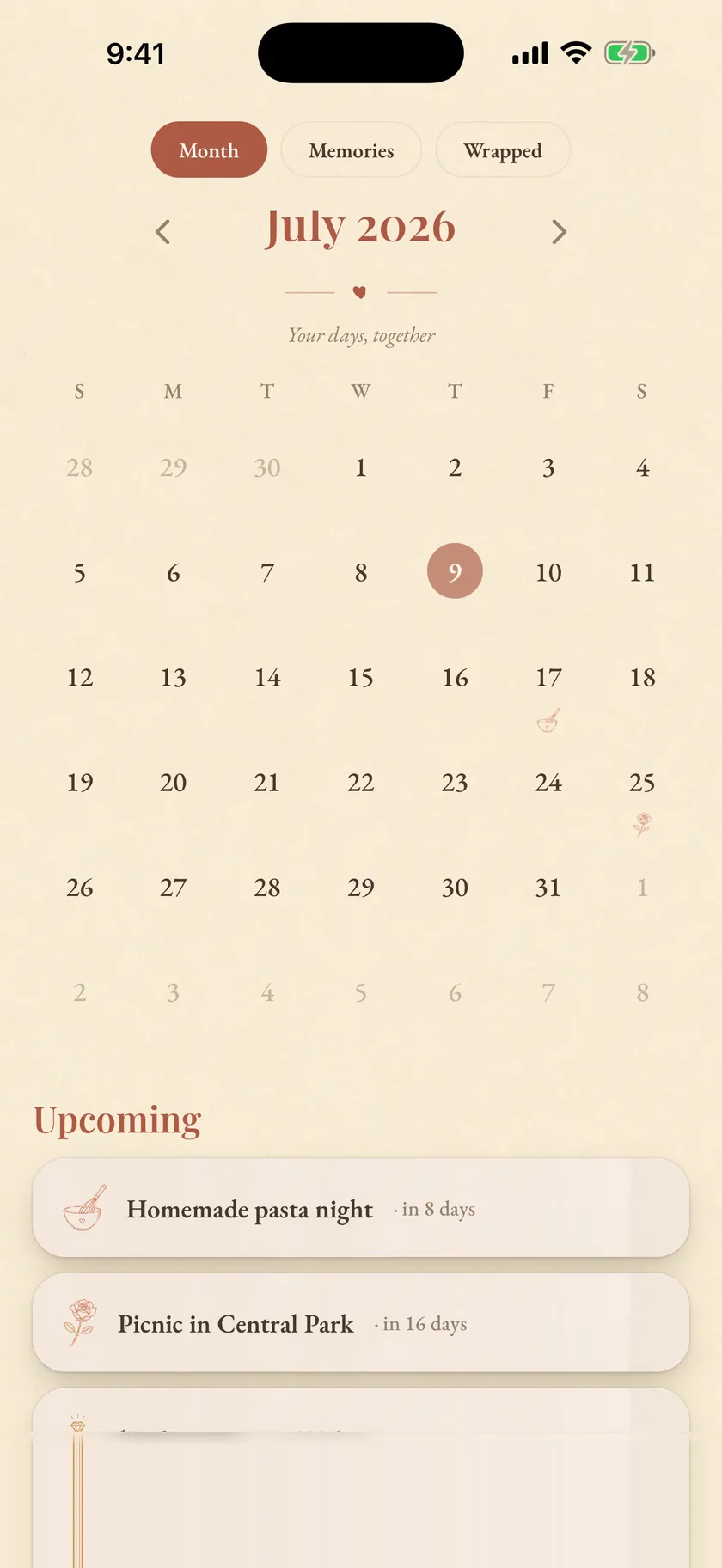 A shared calendar showing plans and anniversaries