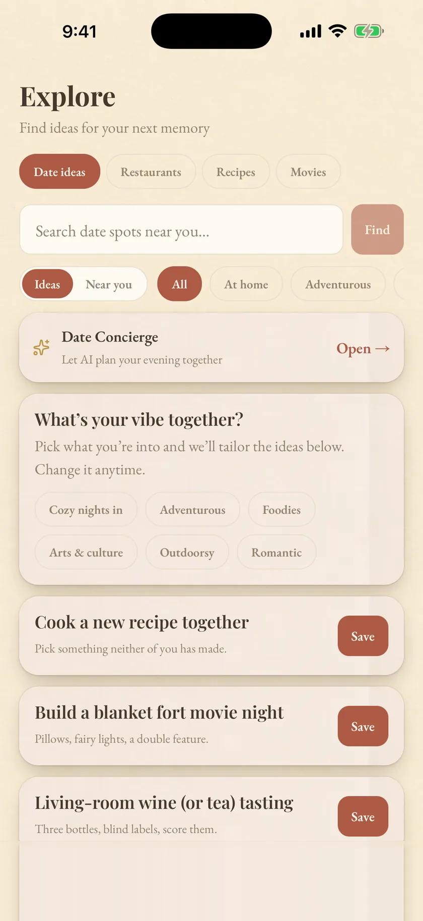Date ideas near you, shown as cards