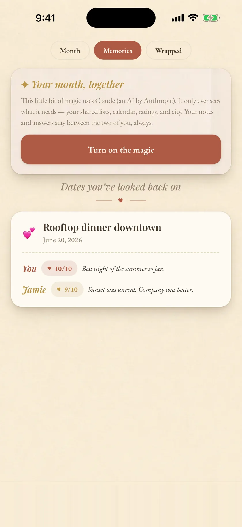 A saved memory with a note and a rating from each partner