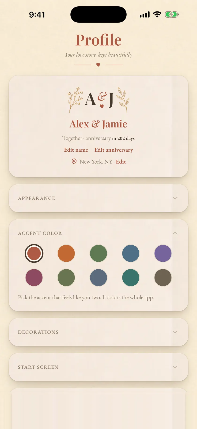 Theme picker showing ten colour palettes